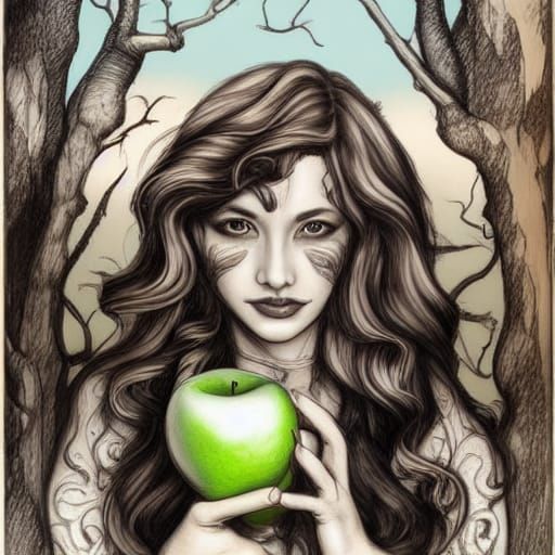 Dark-Haired Beauty with Apple in Watercolor Style