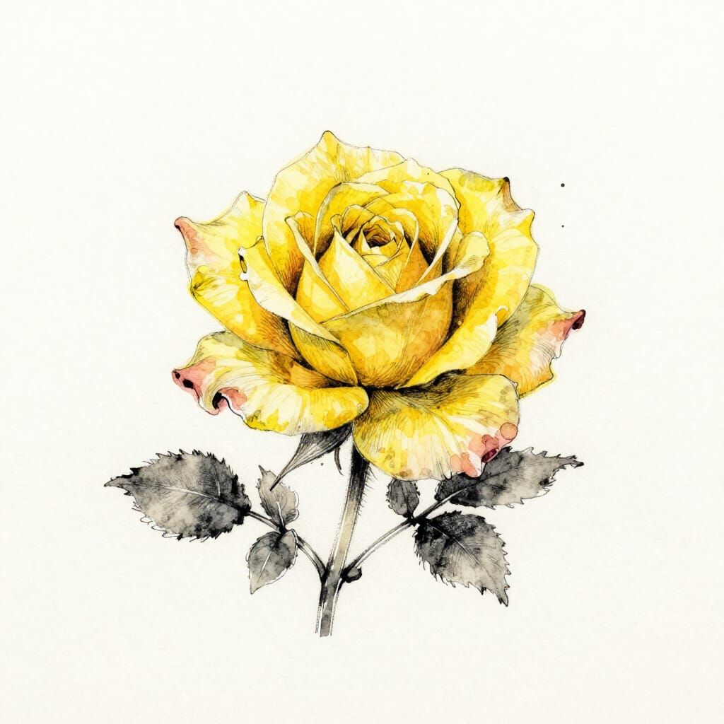 Minimalist Watercolour Yellow Rose Charcoal Sketch with Colo...