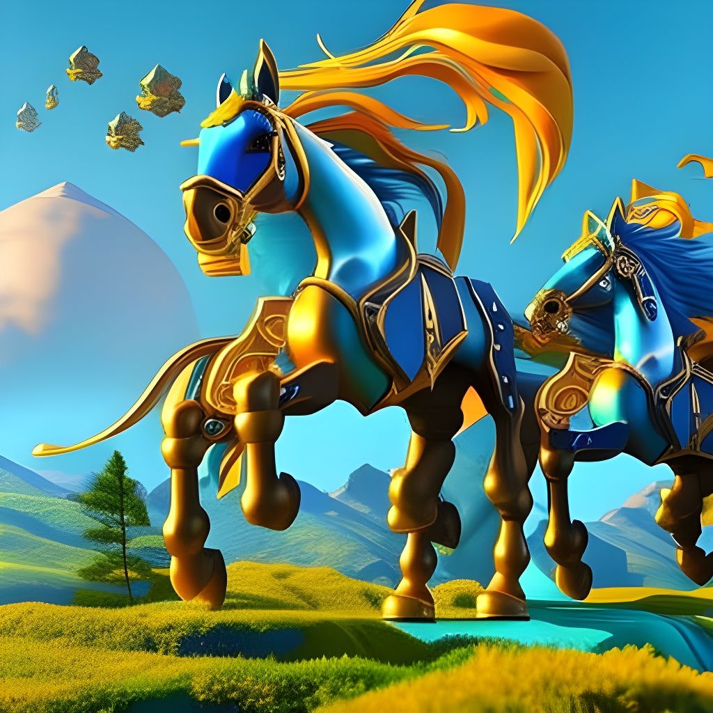 Golden Mechanical Horses in Dreamlike Landscape