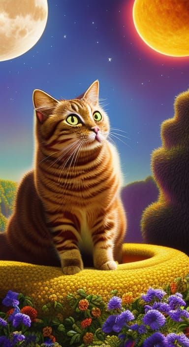 Cat in Surreal Sun and Moon Bed