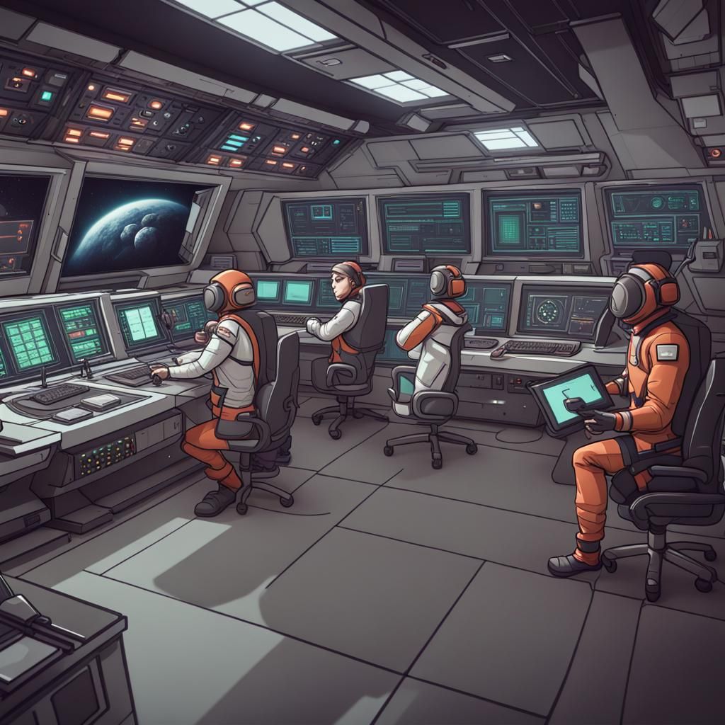 Spaceship Crew in Control Room: Cel-Shaded Spacecore