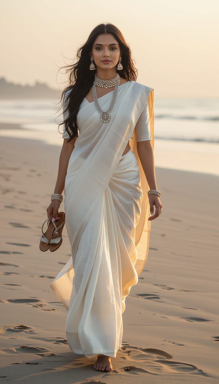 Indian Woman on Beach at Sunset in Classical Style