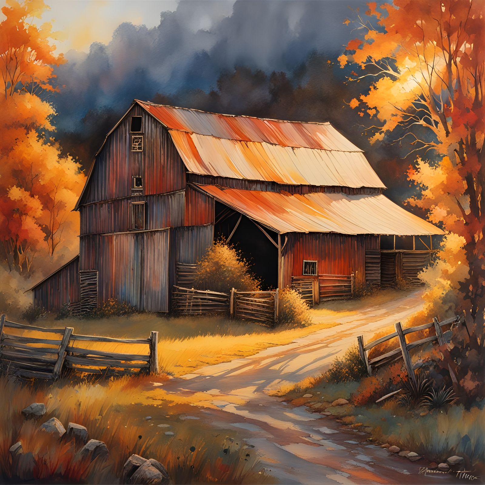 Hyperrealistic Barn at Sunset in Watercolor Style
