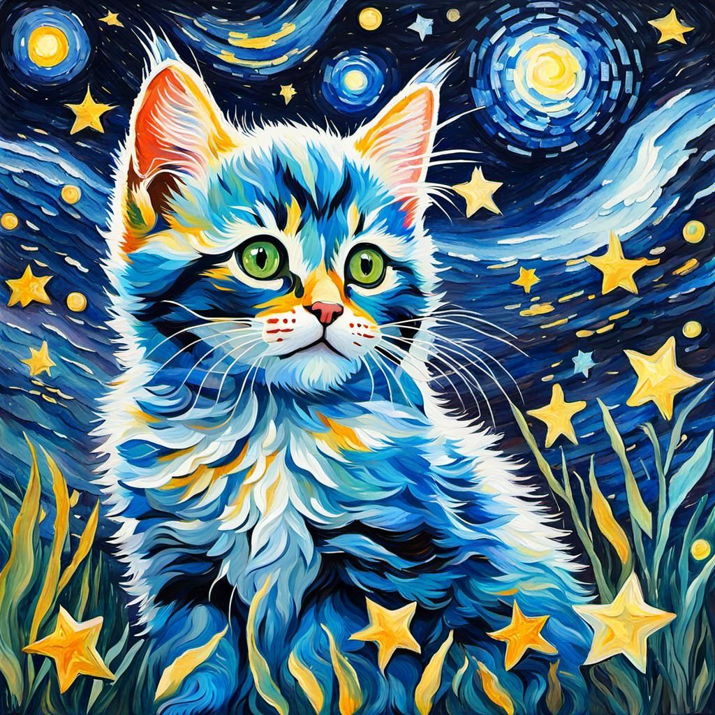 Sparkle Kitten in Starry Night Gouache Style