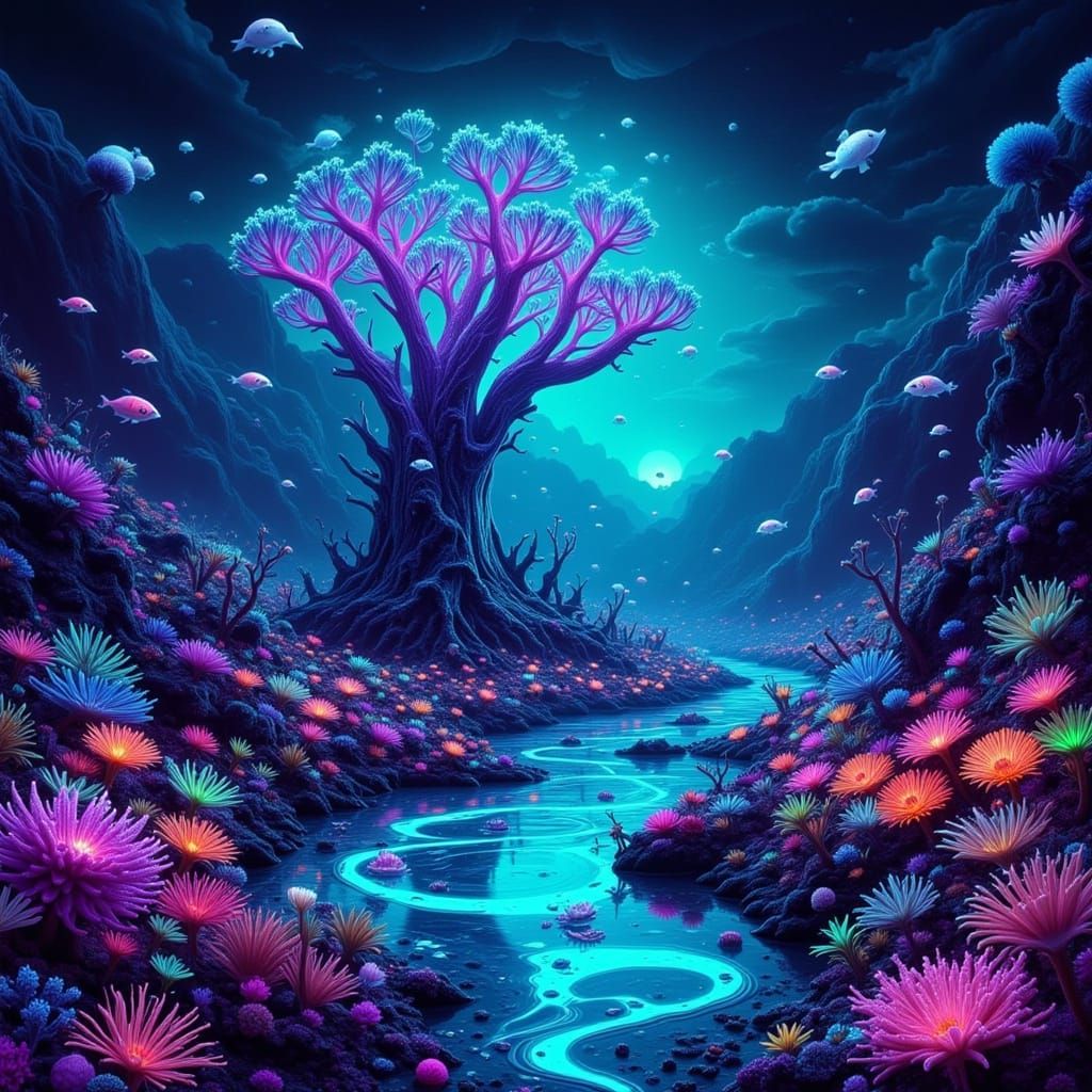 Bioluminescent Coral Reef on Alien Ocean World