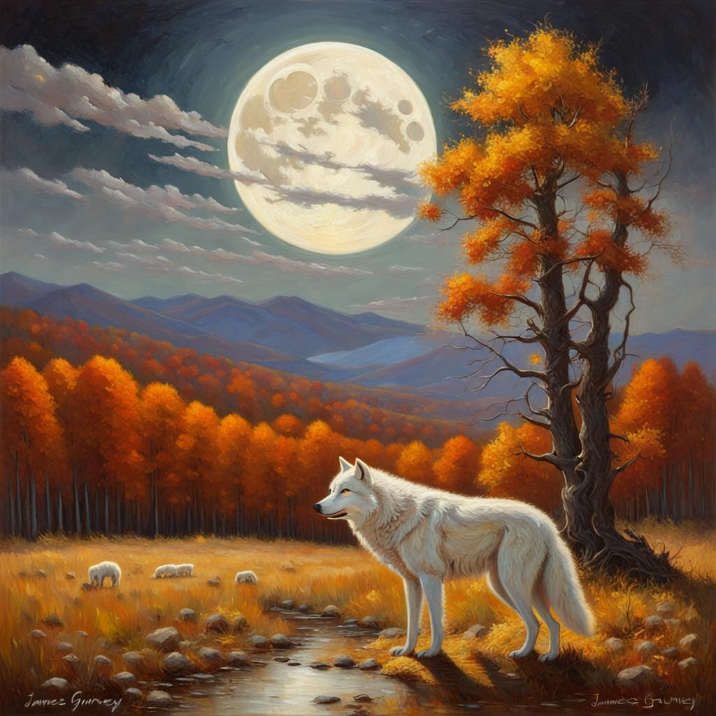 White Wolf Under Autumn Moon: Oil Painting