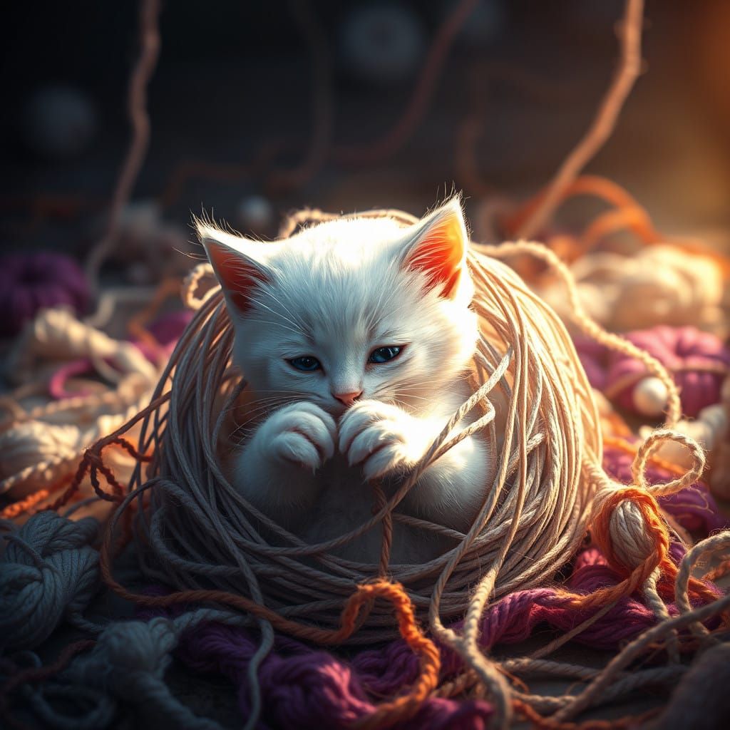 Playful White Kitten Ensnared in Yarn Tangle