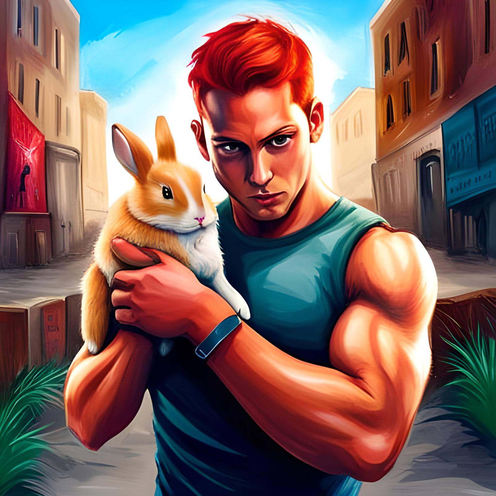 At the street's gentle end, a ginger lad, muscles warm, hold...