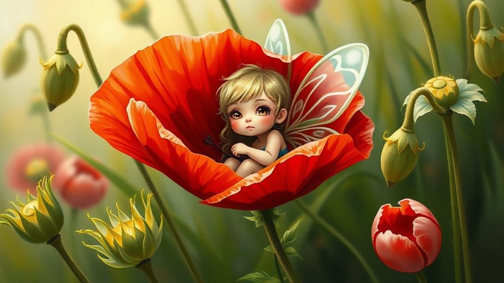 Fairy in Poppy: A Whimsical Oil Painting