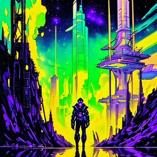 Futuristic Cityscape in Space, Neon-Lit Digital Art