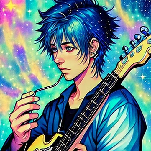 Guitarist's Celestial Serenade in Stylized Realism