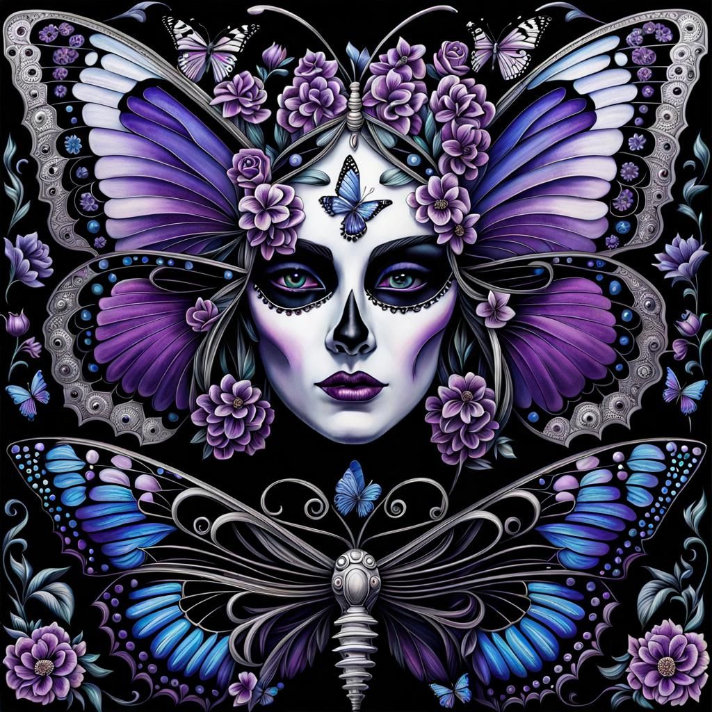 Gothic Butterfly Skull in Psychedelic Bohemian Style