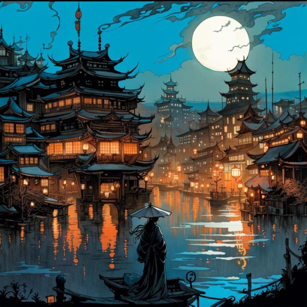 Japanese City at Night in Surrealist Gothic Style