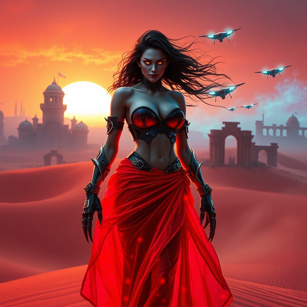Cybernetic Vampire Sovereign Reigns Over Desert Dunes
