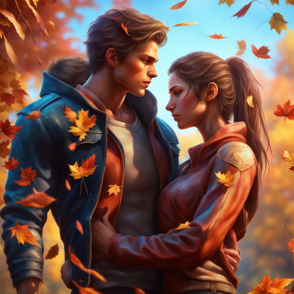 Romantic Embrace: Teenagers in Autumn Leaves