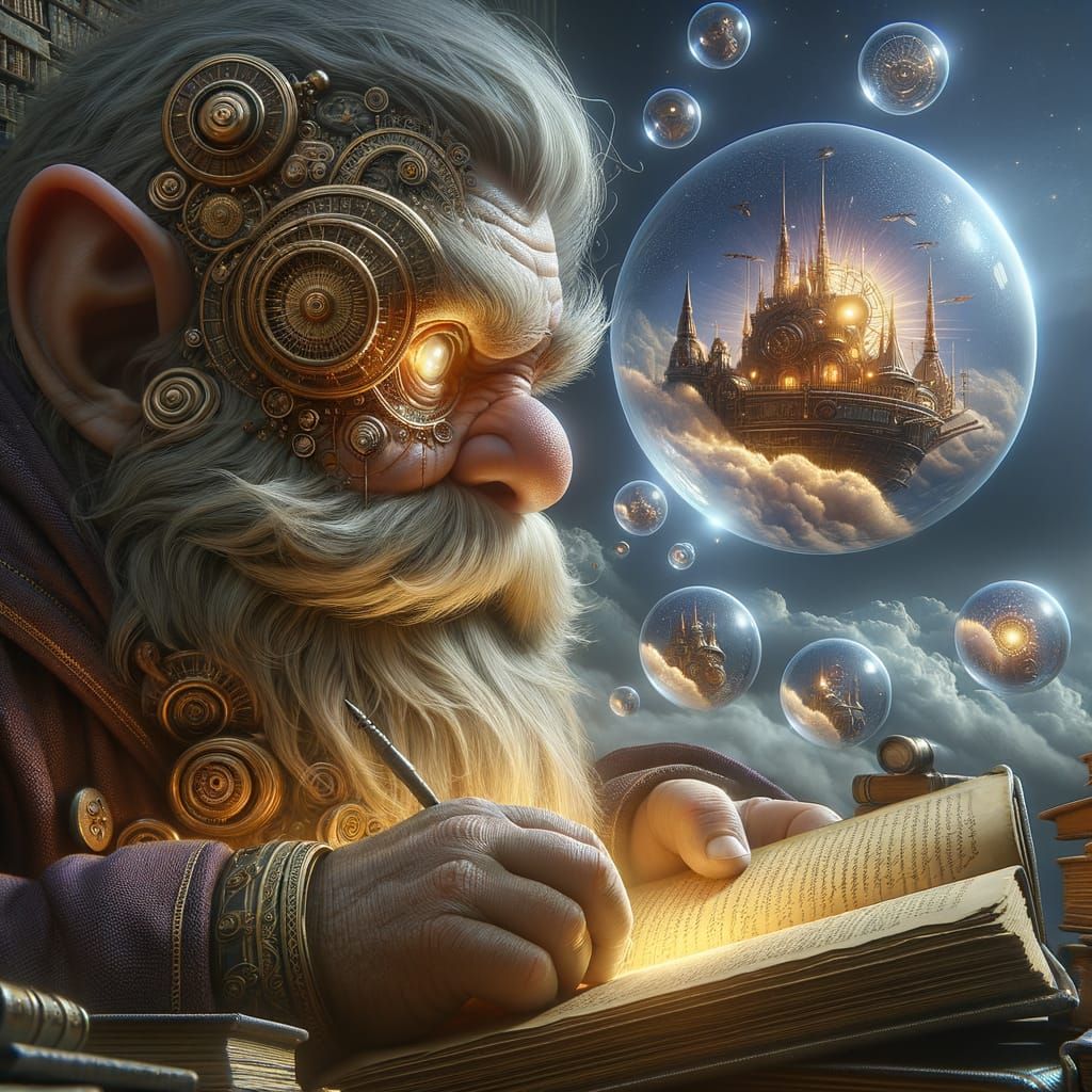 Gnome Wizard Contemplates Steam Airship: 8k Photorealism