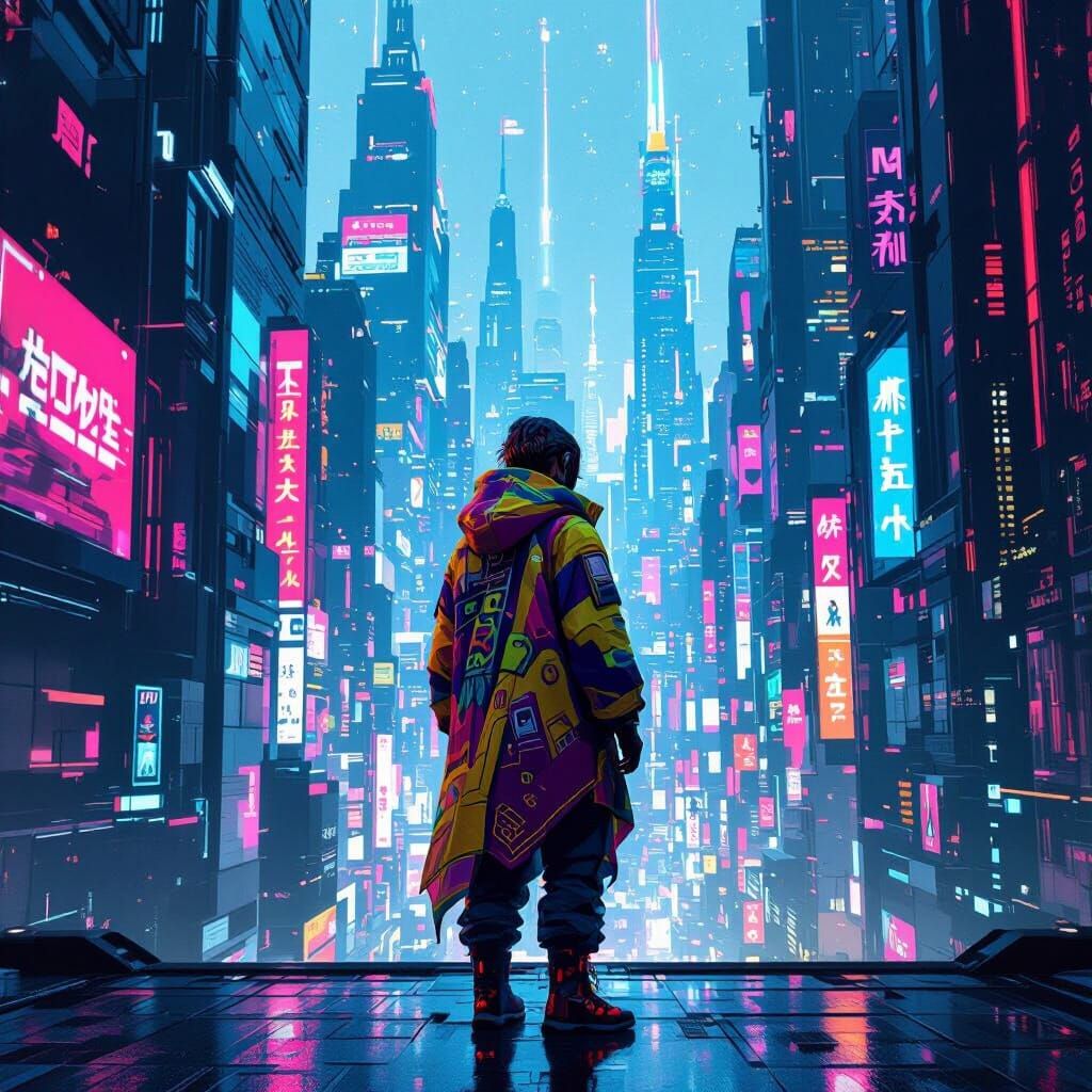 Futuristic Cityscape Painting with Vibrant Figure