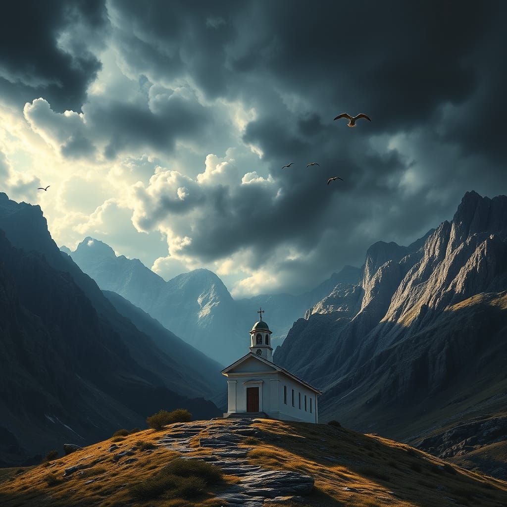 Greek Church in Mountains Under Stormy Skies