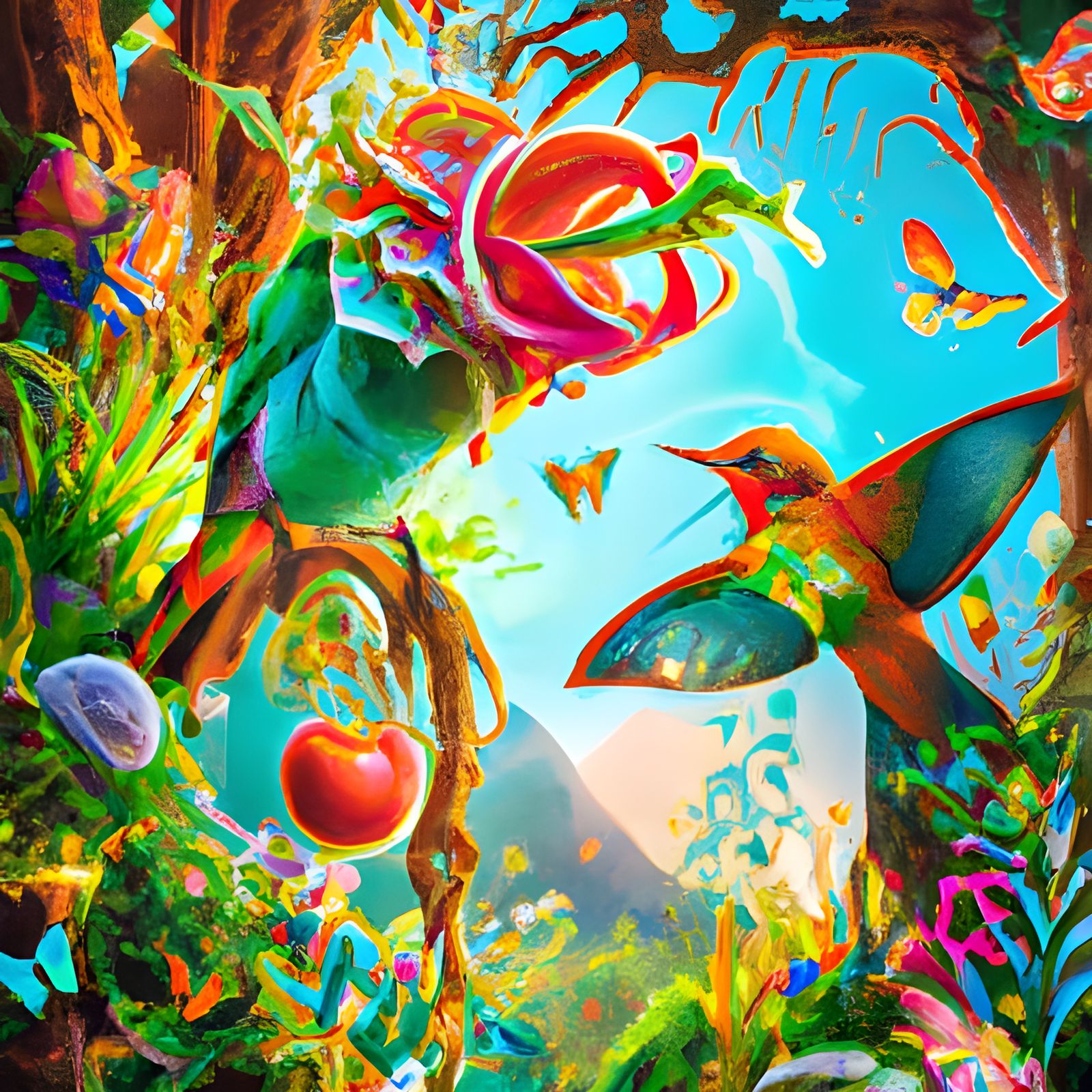 Vibrant Tropical Birds in Lush Wonderland Forest