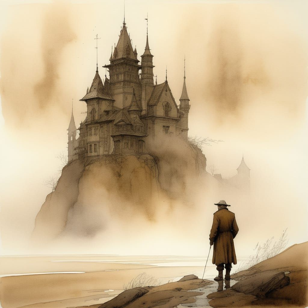 Mysterious Gentleman in Whimsical Sepia Landscape