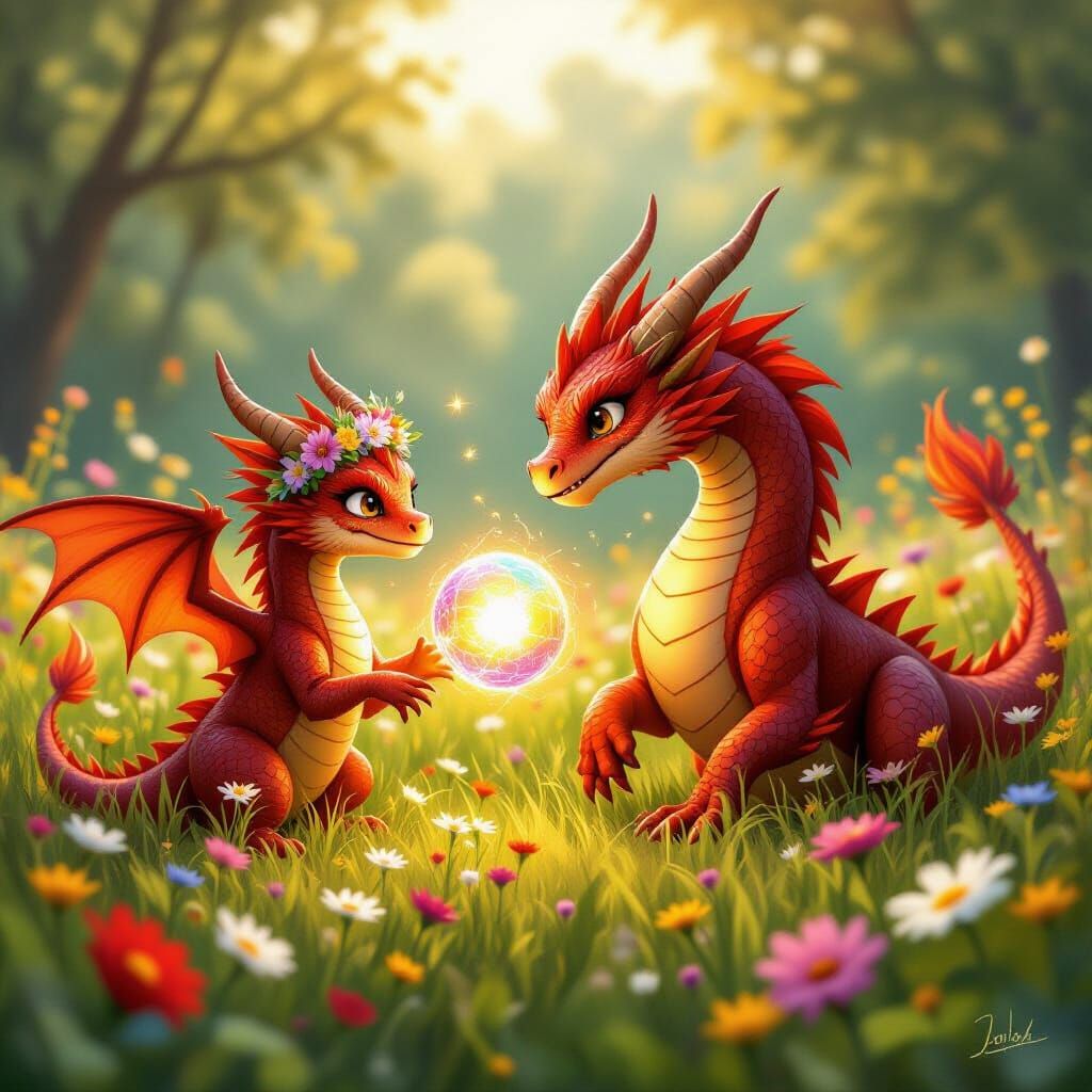 Red Dragons Play in Meadow with Glowing Ball