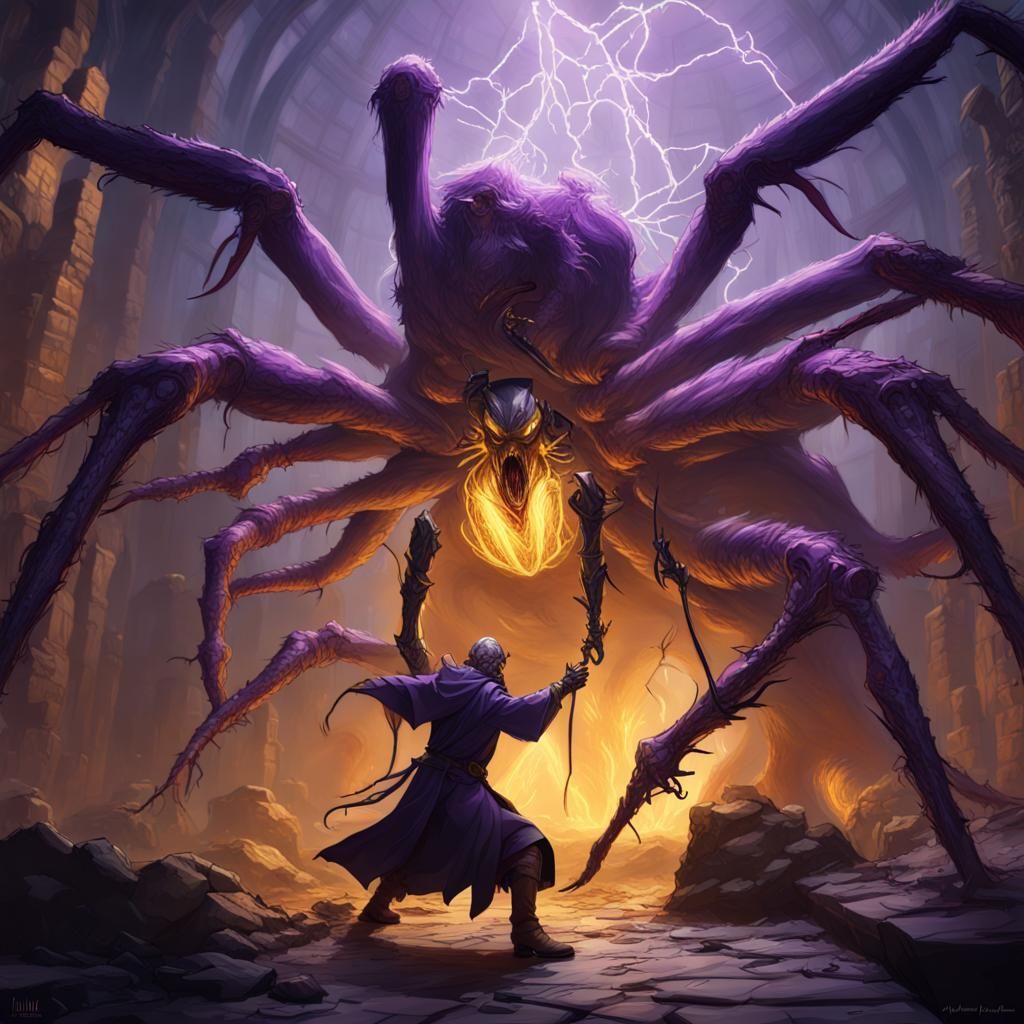 Wizard vs Giant Spider in Dark Fantasy Style