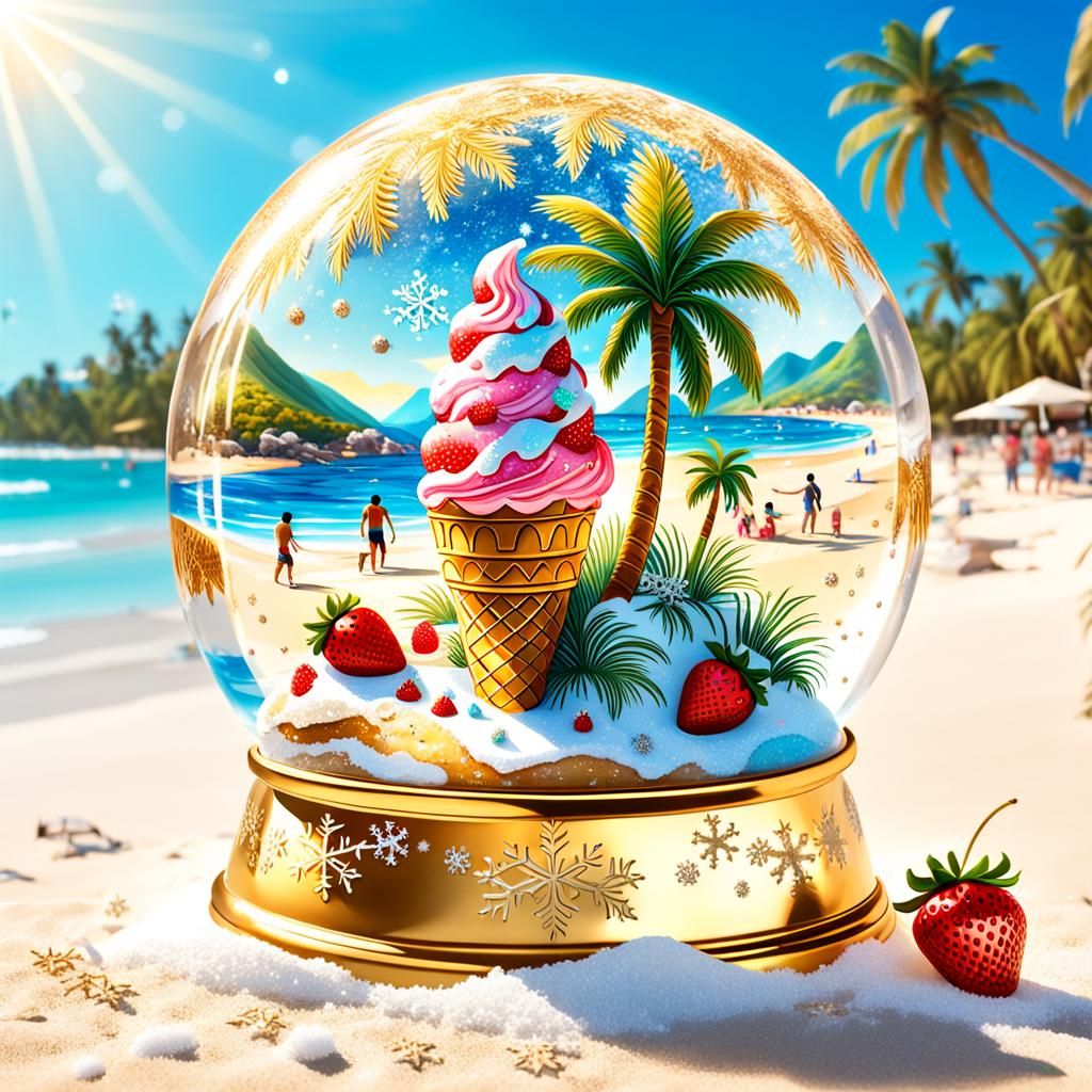 Golden Snow Globe with Strawberry Ice Cream