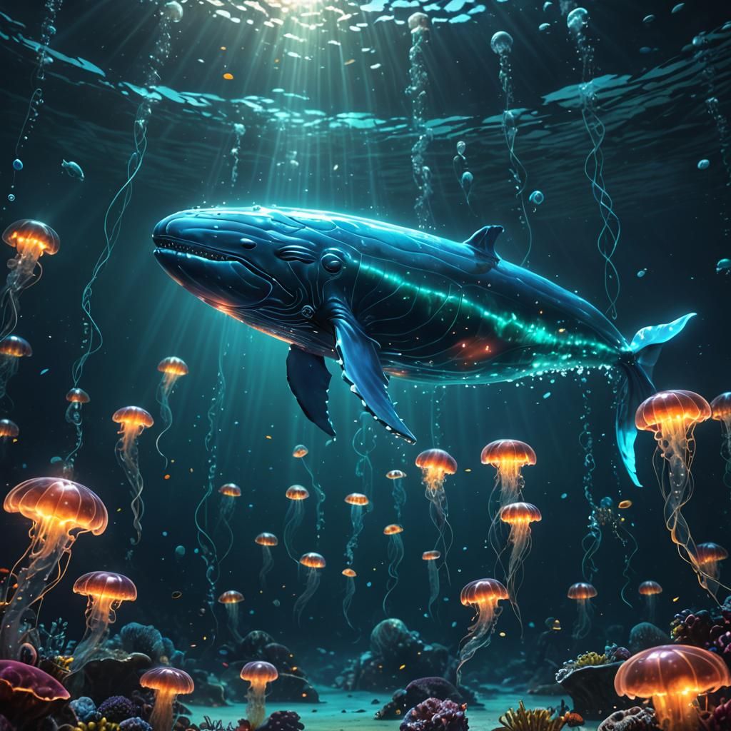 Glowing Glass Whale in Ocean, Digital Matte Painting