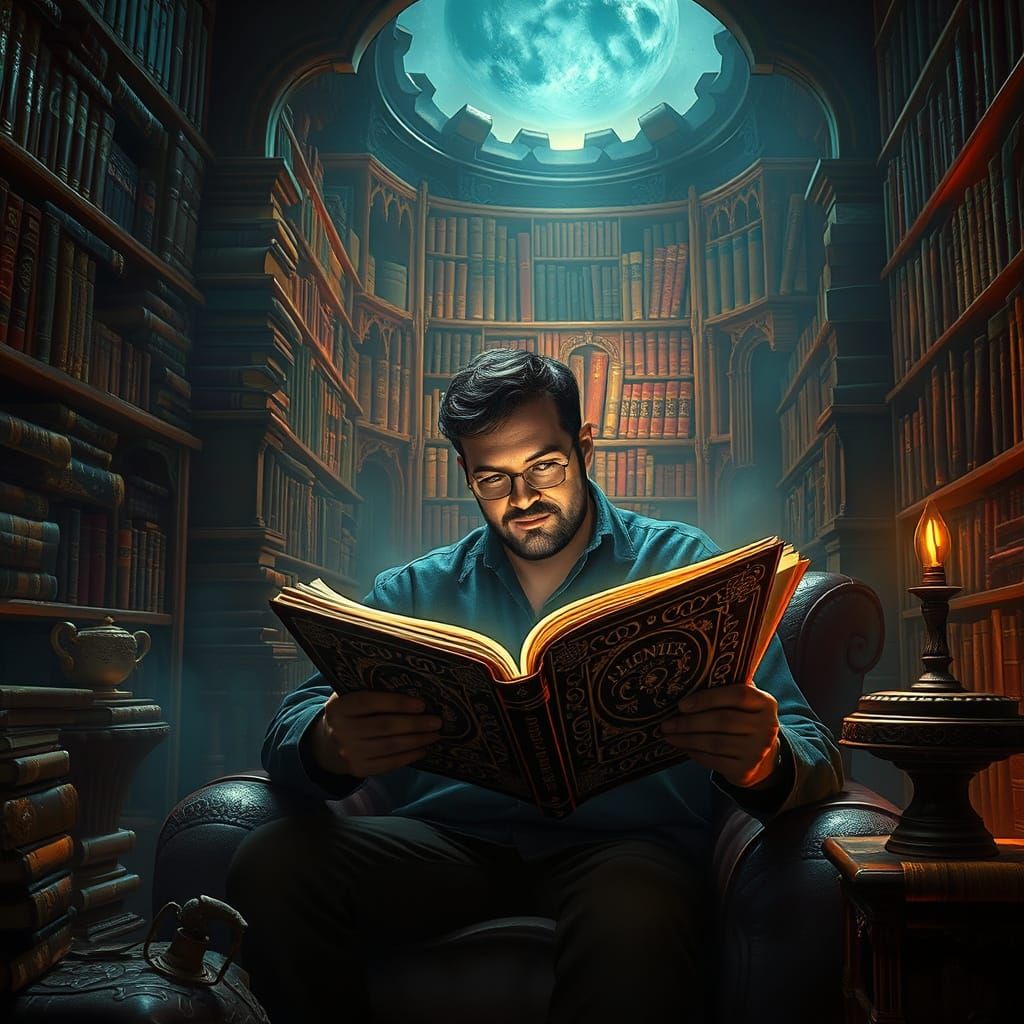 A Man Unfolds Secrets in a Mystical Library