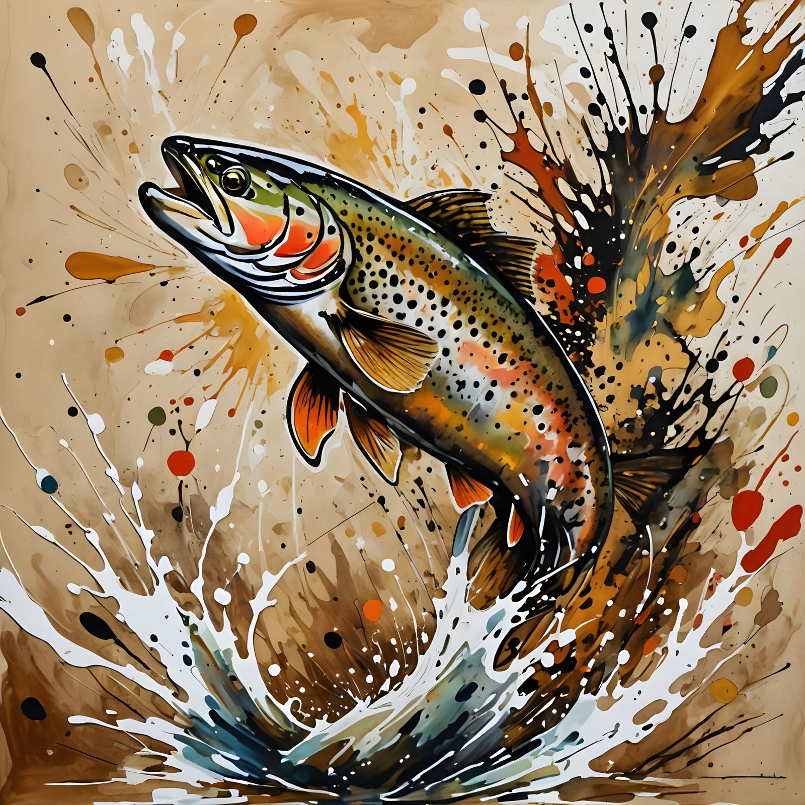Trout Leaps: Ink Splatter Painting in Earth Tones