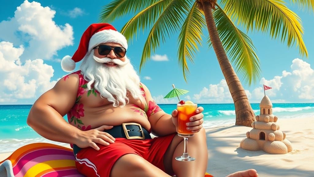 Santa in Tropical Hawaiian Style Beach Getaway