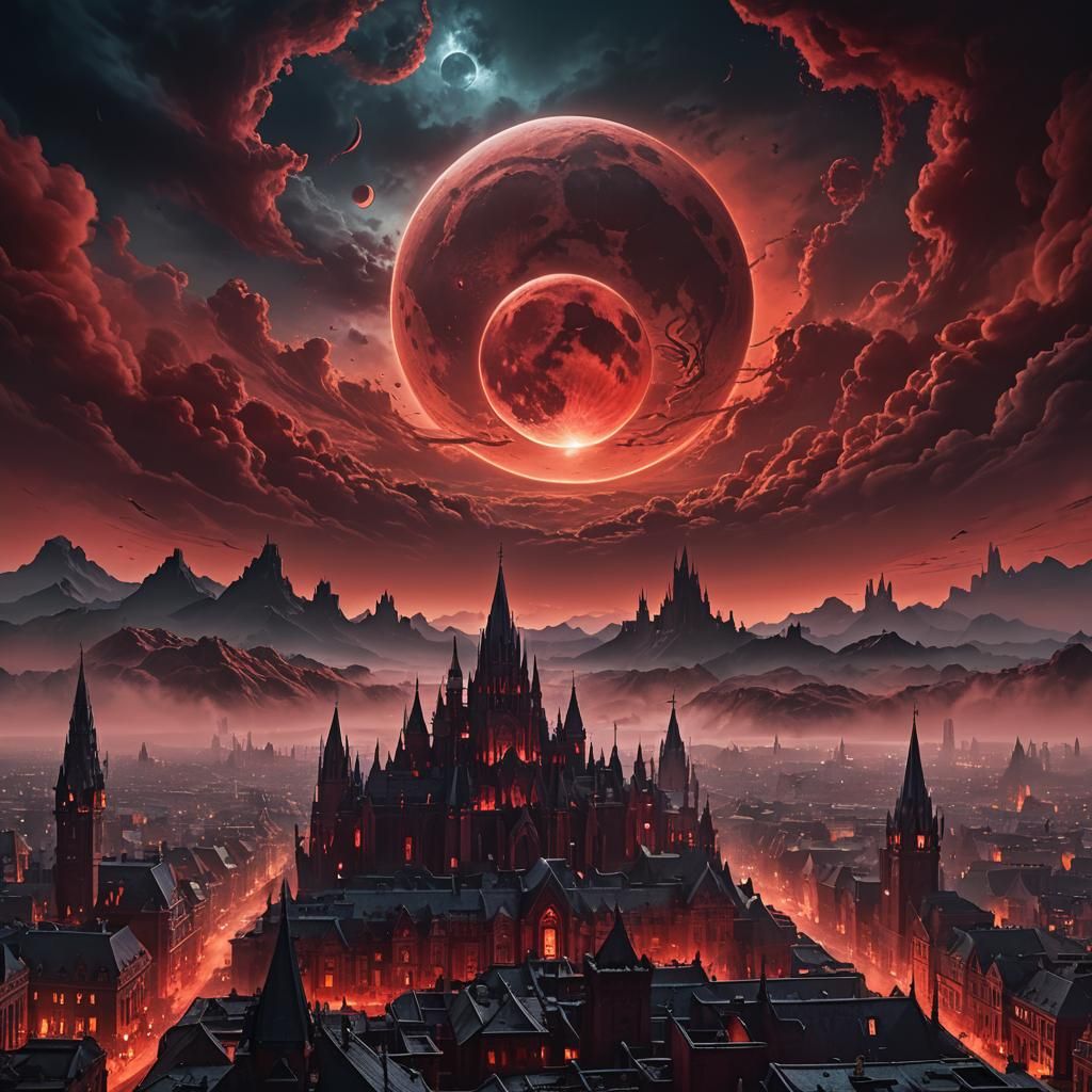 Blood Moon Over Mystical Cityscape Digital Painting
