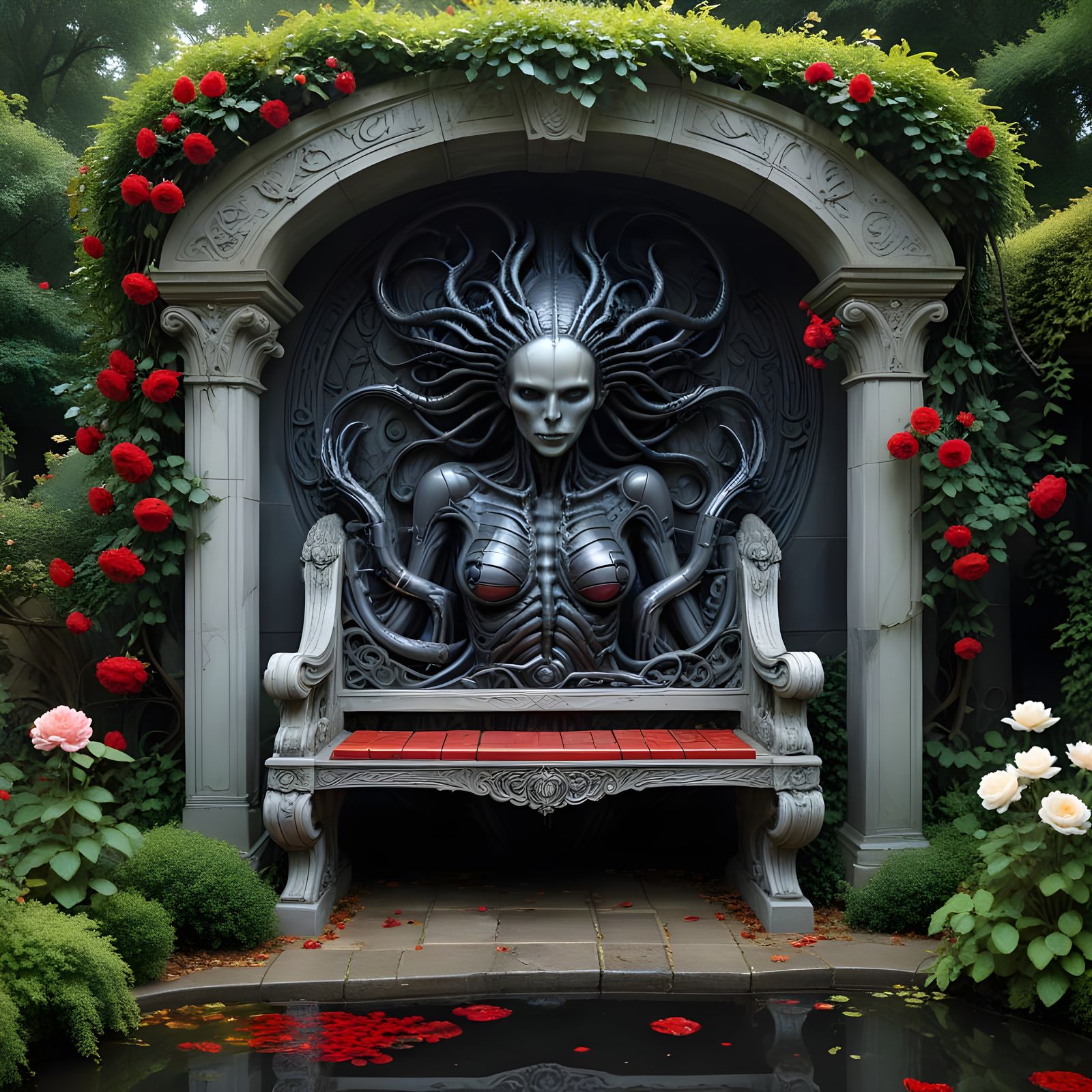 Ornate Garden Bench with Dark Roses and Blood Slabs