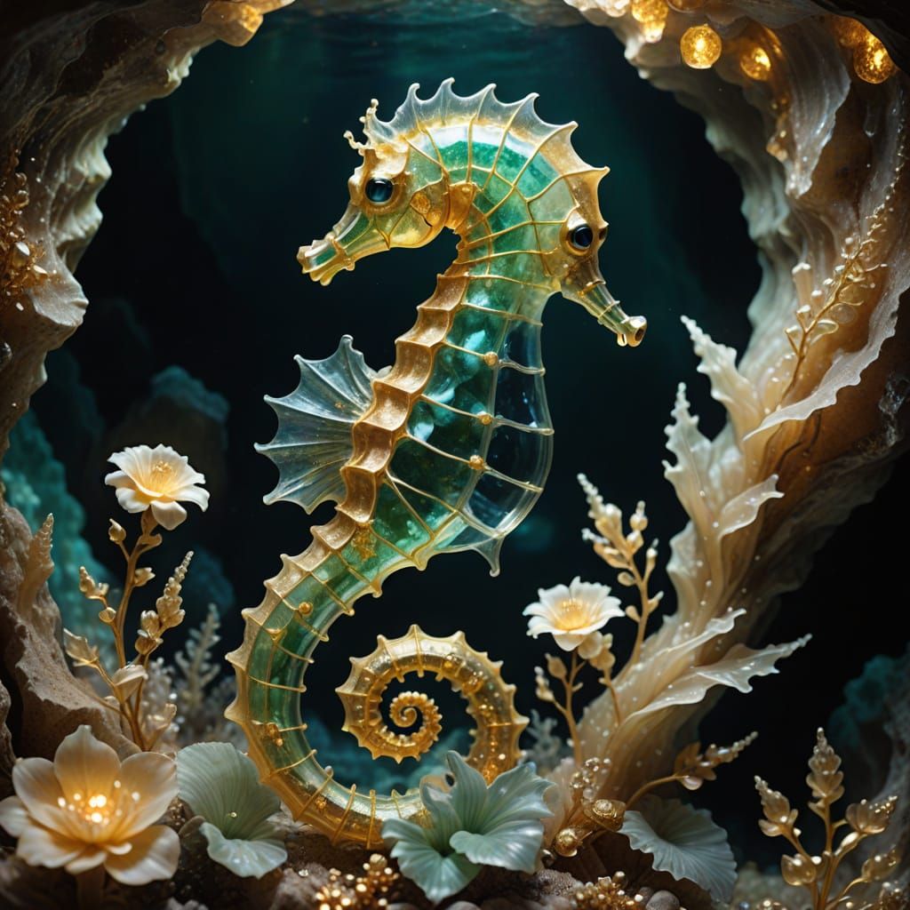 Emerald Seahorse on Sapphire Flowers in Lit Cave