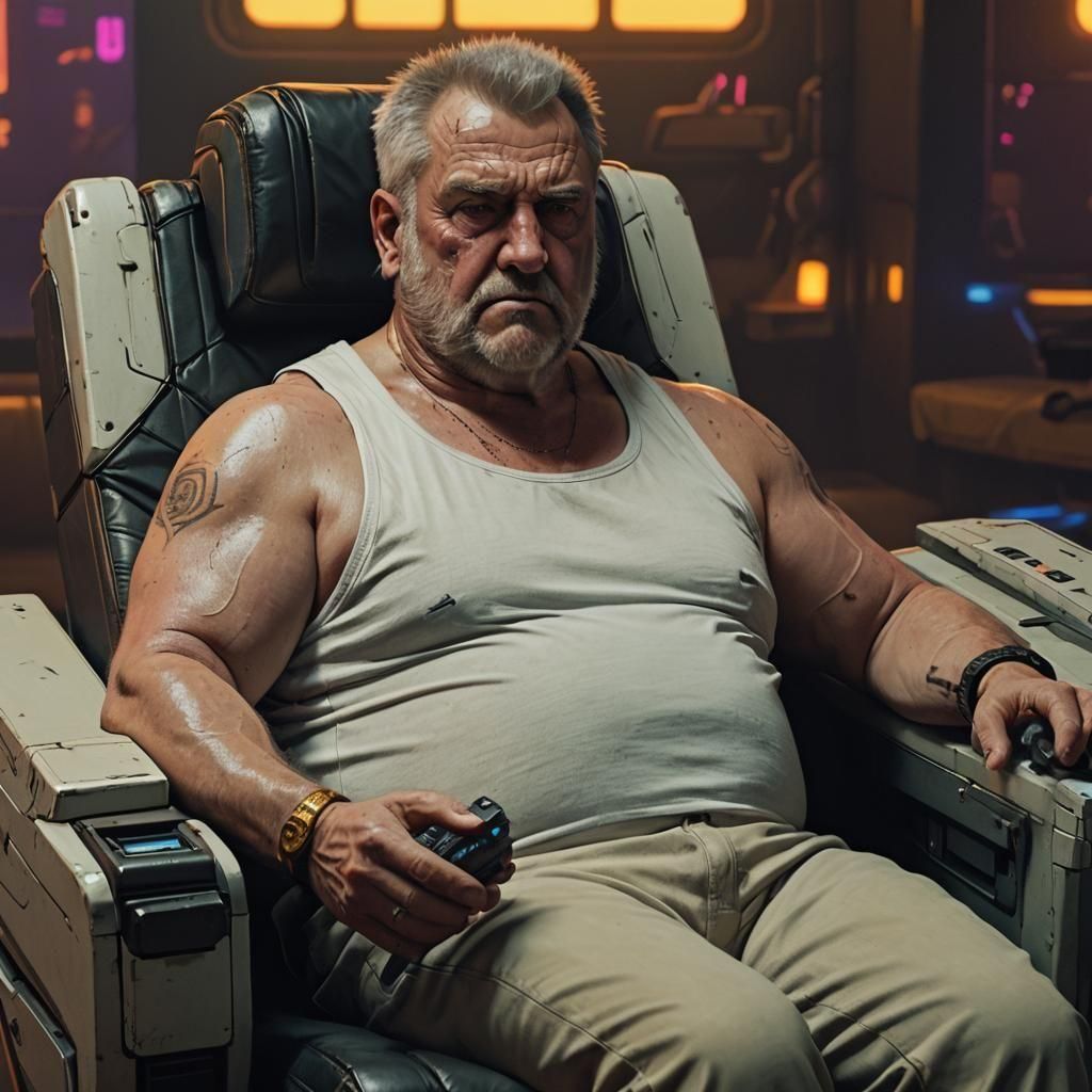 Cyberpunk Lounger in Neon Cityscape