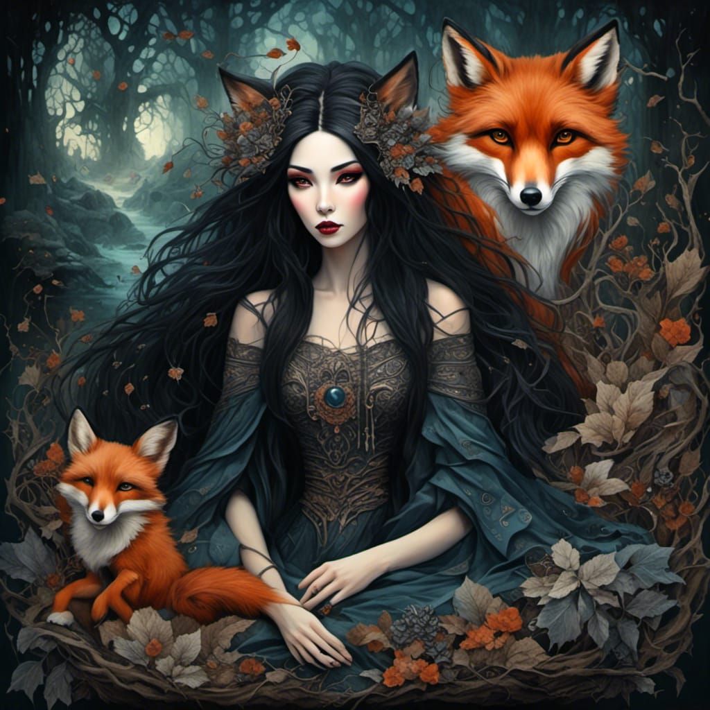 Eerie She-Fox at Forest Altar: Fantasy Concept Art