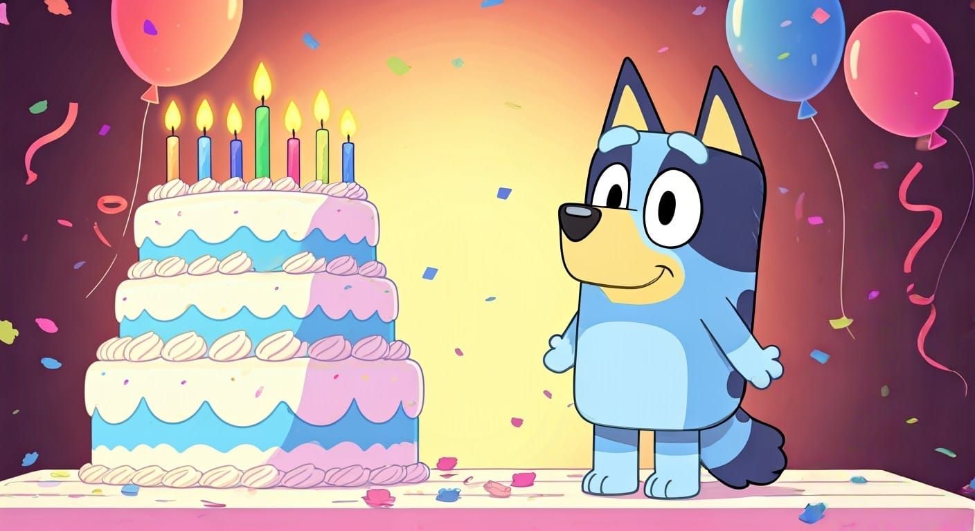 Bluey Celebrates Birthday with Cake and Confetti