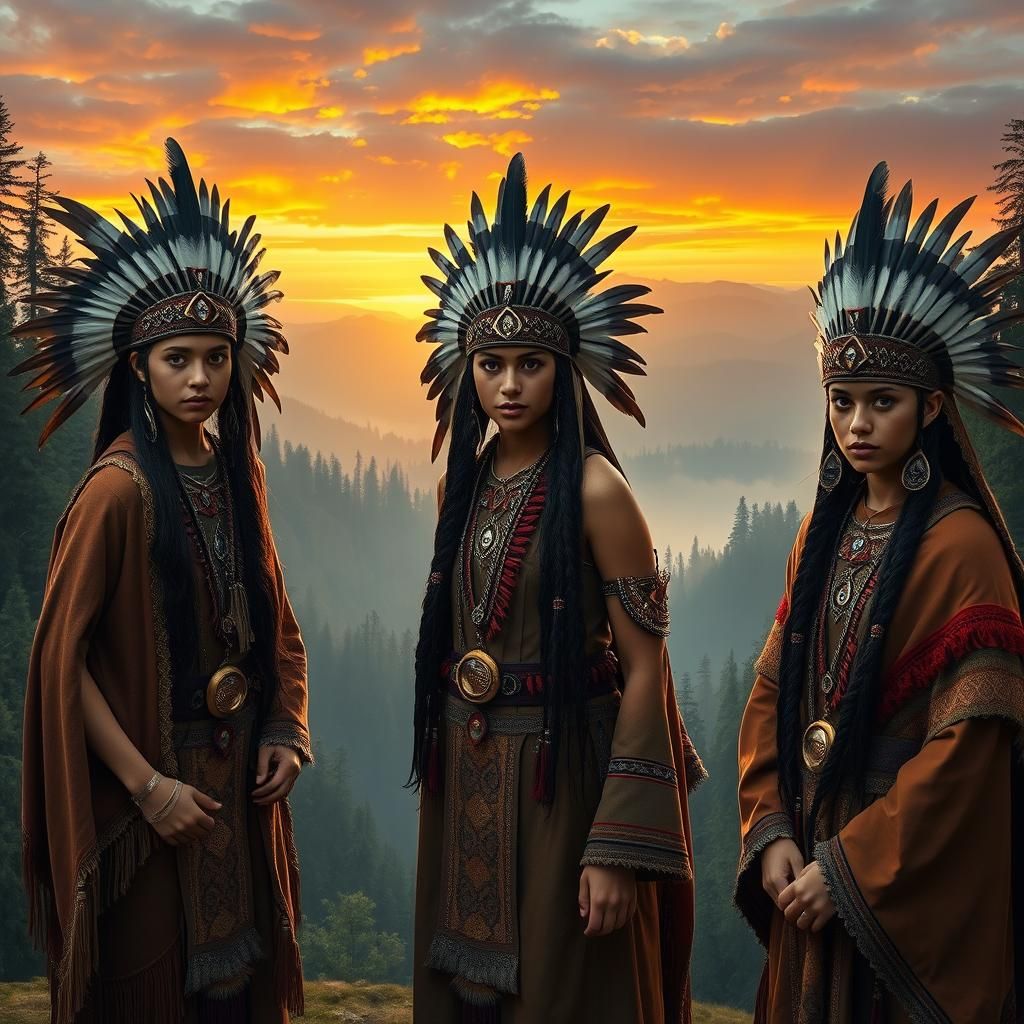 Majestic Mohican Girls in Dawn Lit Forest
