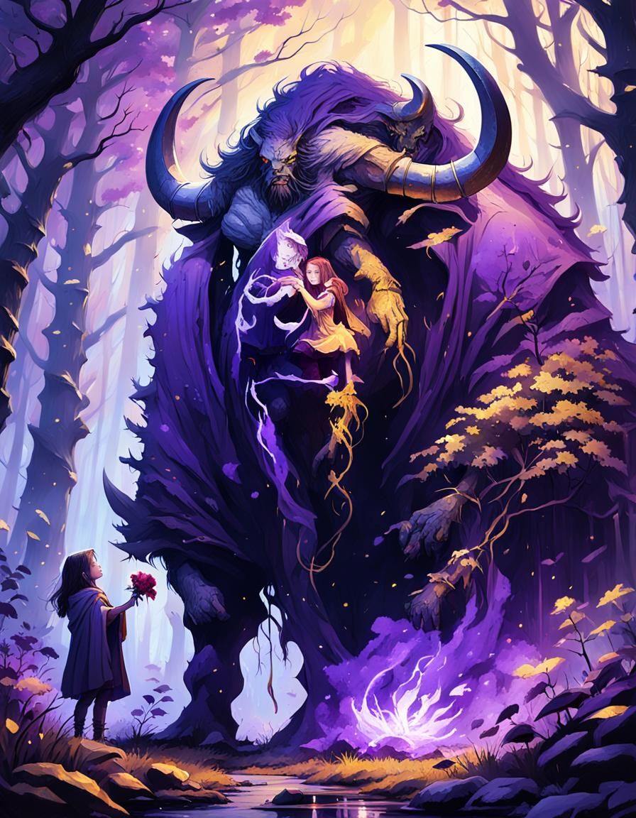 Minotaur and Child in Dark Fantasy Art Style