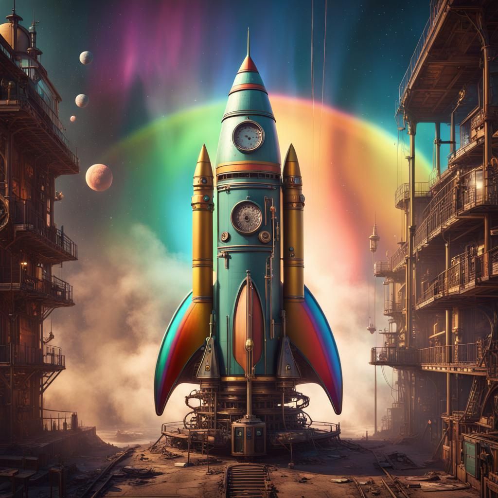Rainbow Steampunk Rocket in Retro 1950s Style