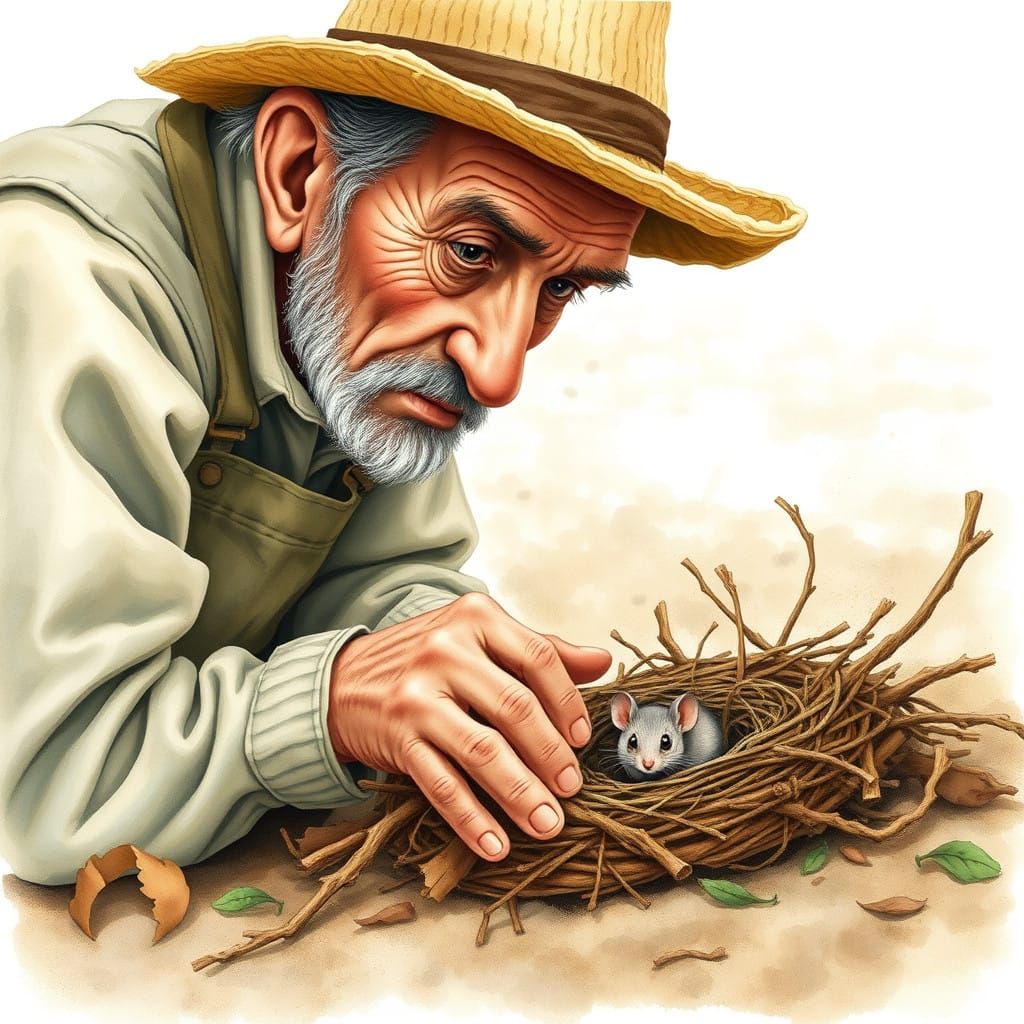 Gentle Farmer Examines Ruined Mouse Nest in Earthy Watercolo...