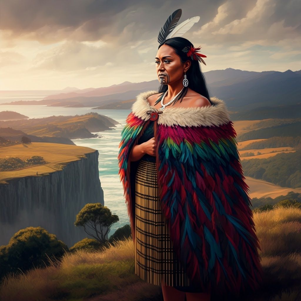 Maori Woman in Traditional Attire with Feather Cloak