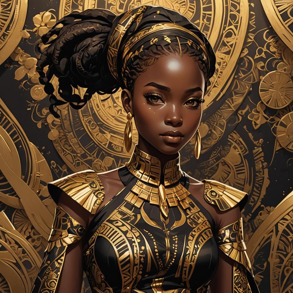 Anime African Girl in Gold Dress, Studio Trigger Style