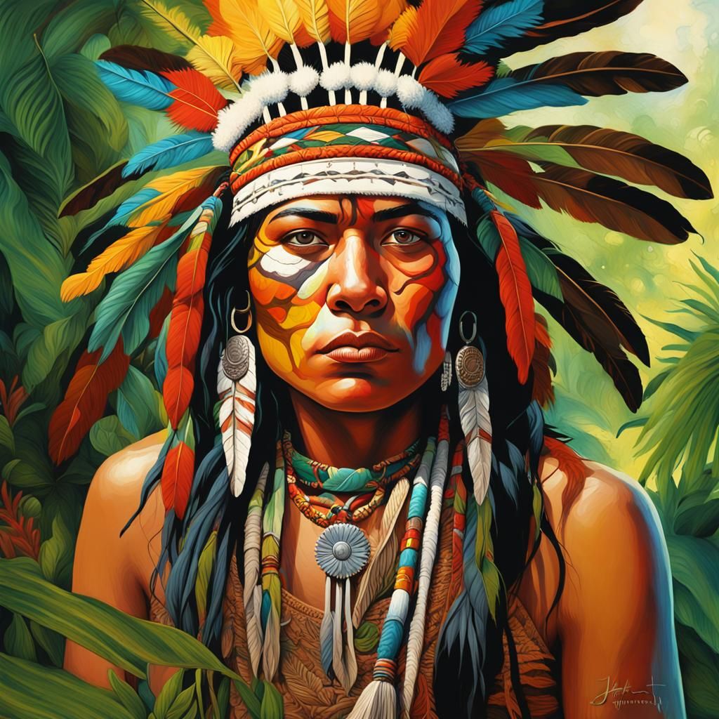 Seminole Brave in Tropical Jungle, Hyperrealistic Portrait