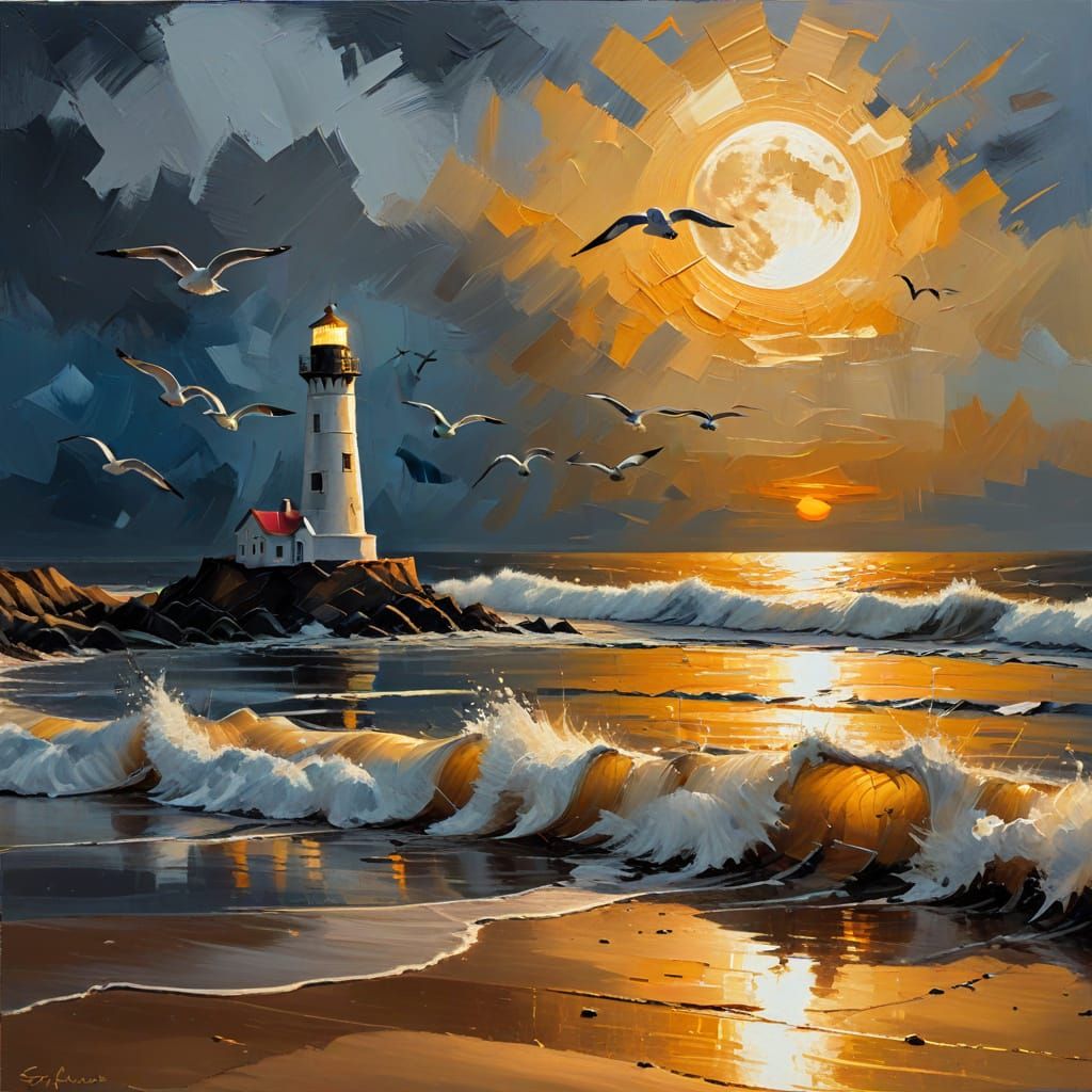 White Lighthouse at Sunset as Impasto Oil Painting