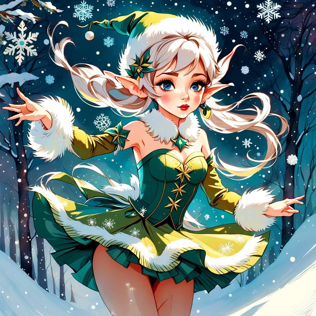 Enchanting Elf Dance in Stylized Watercolor Art