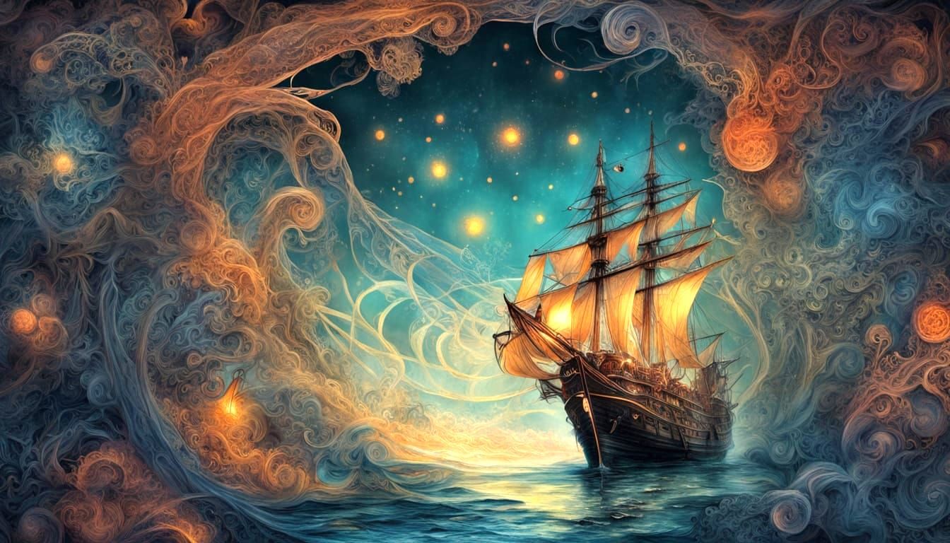 Fractal Ghost Ships in Glowing Landscape