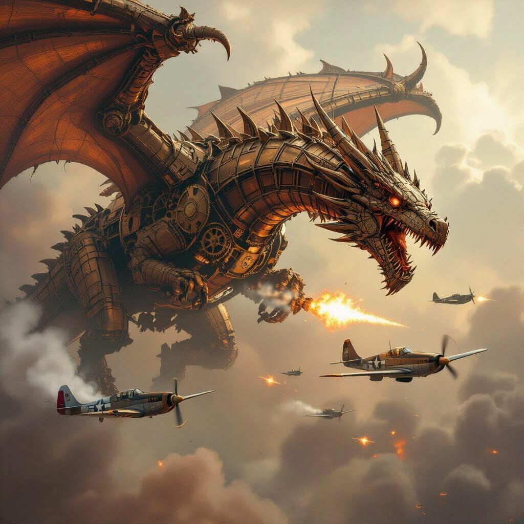 A colossal clockwork dragon, its gears grinding and steam hi...