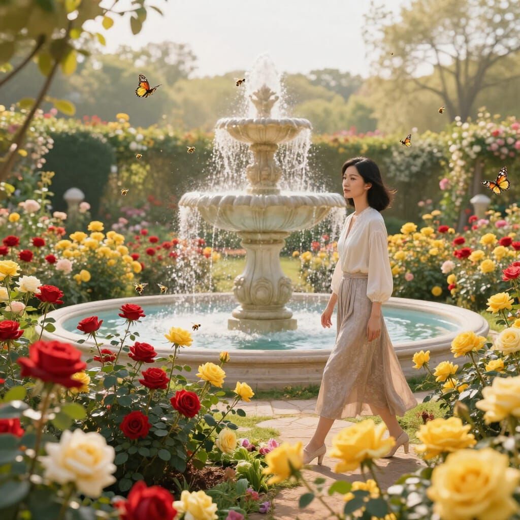 Serene Garden with Roses and Lady in Golden Hour