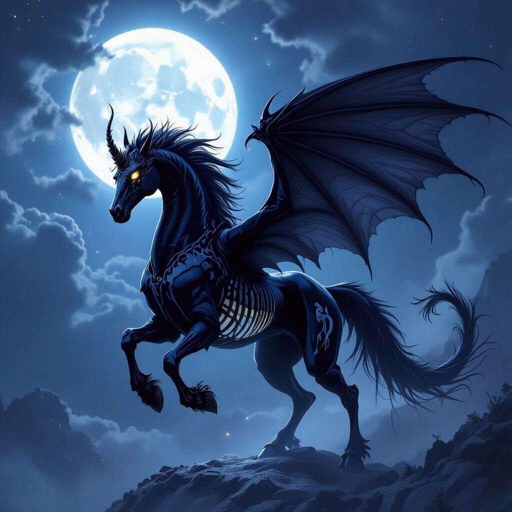 Black Pegasus Dragon Hybrid with Visible Bones in Moonlight